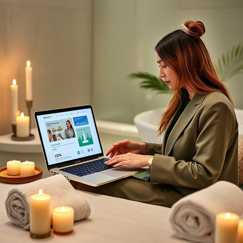 An elegant day spa setting with a business professional reviewing an email marketing strategy,
