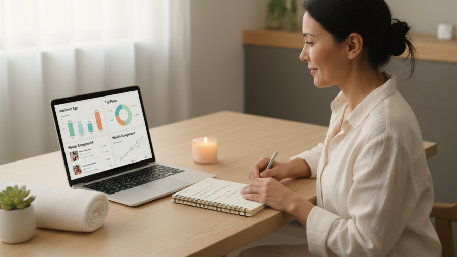 Spa owner confidently reviewing social media analytics in a serene workspace.