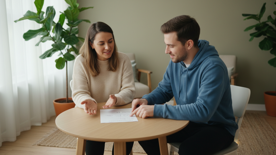 Supportive counseling session between a dietitian and client in a relaxed setting.