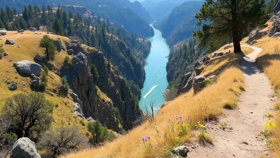 Sunlit bluff overlooking the turquoise South Yuba River with spring wildflowers.