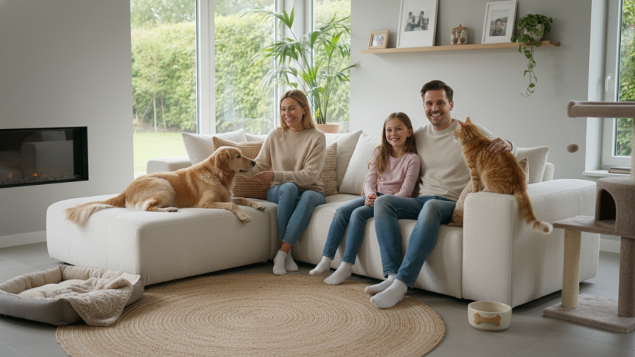 Happy family with healthy dog and cat, showcasing pet health and wellness.