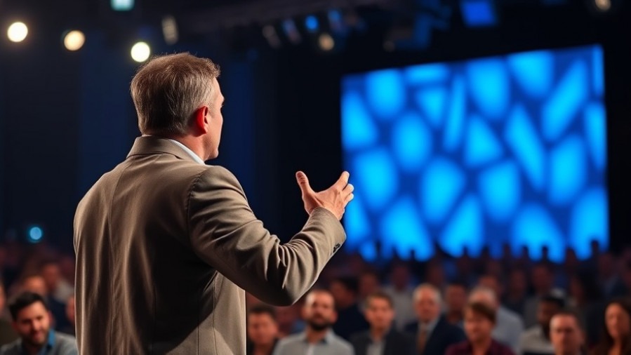 Man passionately speaks on stage about emotional support and wellness leadership.