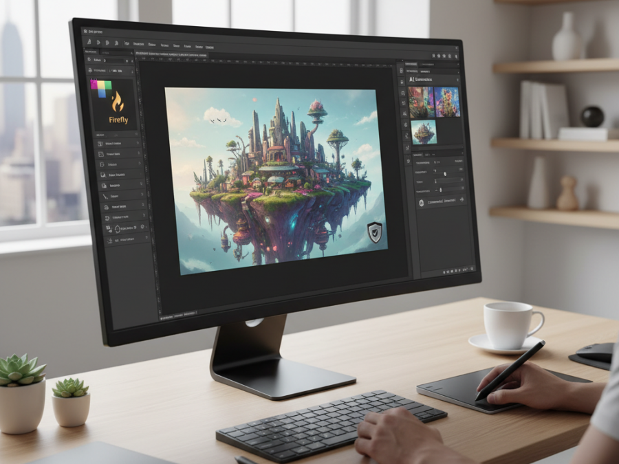 Designer using Adobe software for visual content creation with AI tools for creatives.