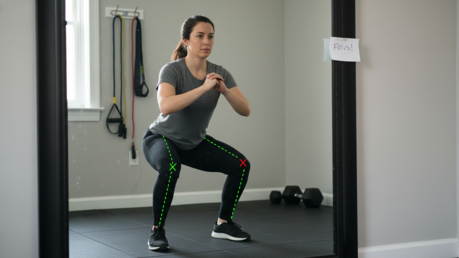 A person squats for strength training, checking form for injury prevention.