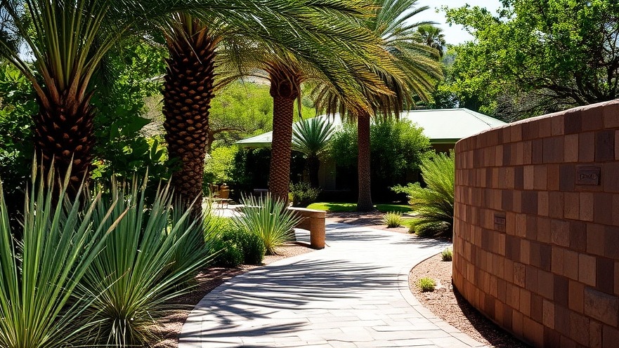 Scenic stone-paved pathway leading to a secluded desert resort, bordered by lush landscaping.