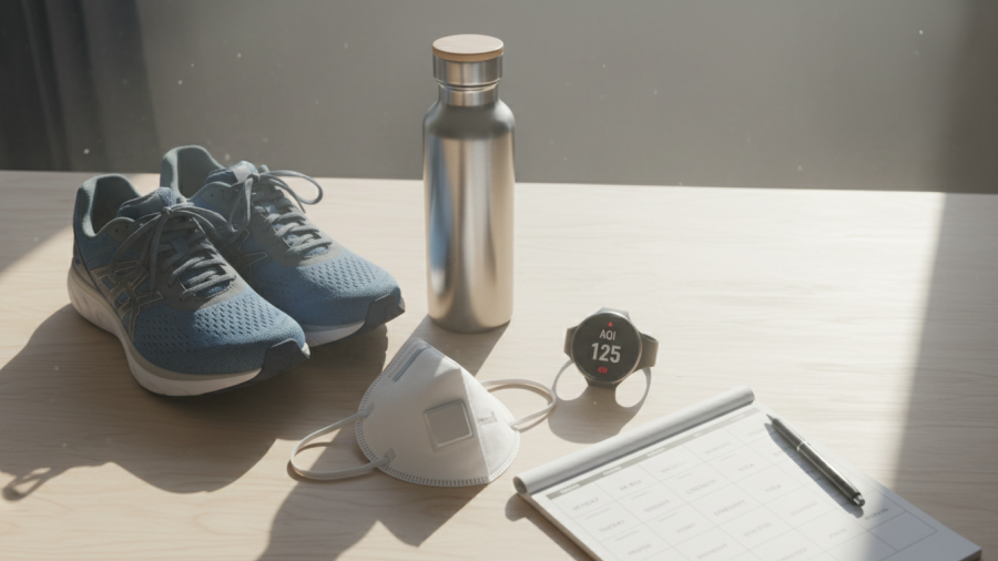 Flat-lay of fitness gear and AQI data for outdoor fitness tips amid Sacramento air quality.
