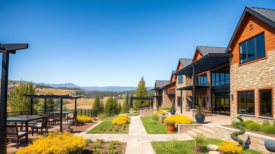 Photorealistic luxury inn and spa with stone walls, gardens, and rolling hills.