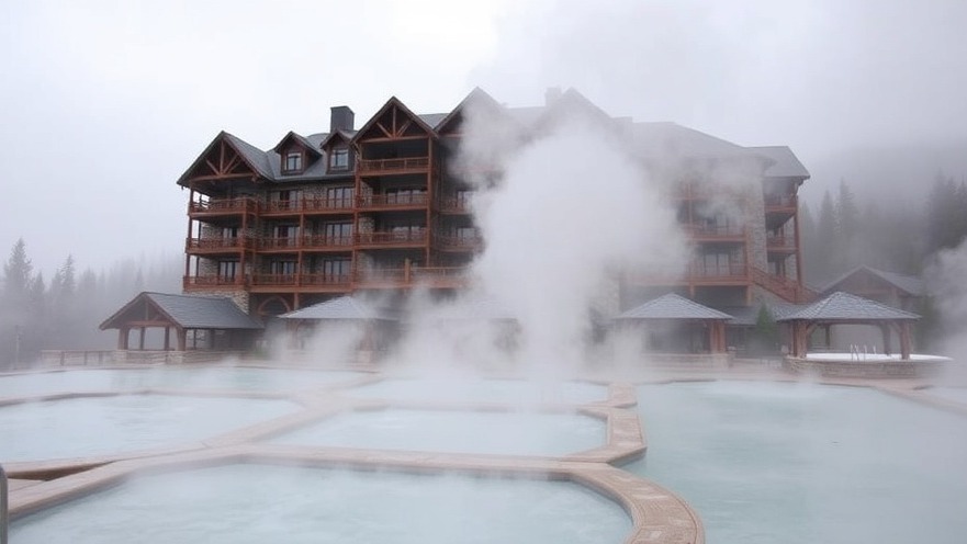 Grand resort hotel towers over hot spring pools, framed by mist and timber architecture.