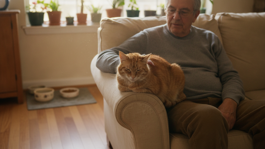 A senior cat relaxes with its owner, showcasing the bond and daily moments, emphasizing wet vs dry cat food.