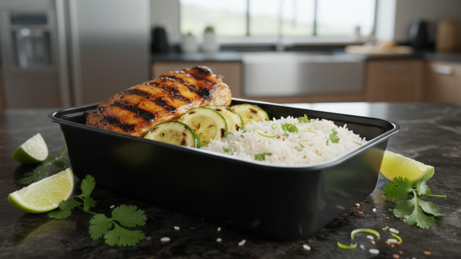 Delicious grilled chicken zucchini and rice recipe in a sleek container, perfect for family meals.
