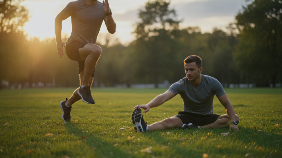A man performing dynamic warm-up exercises to prevent muscle cramps.