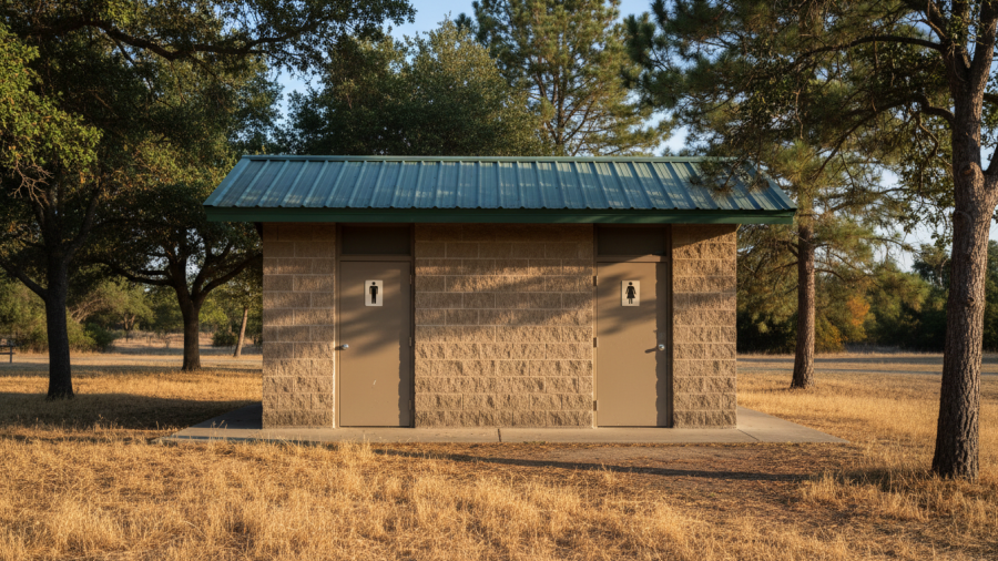 Photorealistic view of a park restroom building, emphasizing basic amenities.