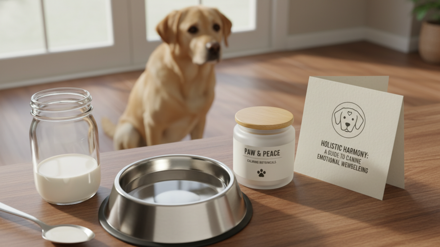 Calming solutions for pets: Tryptophan benefits for dogs in a cozy kitchen setting.