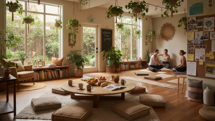 Welcoming yoga community space that promotes inclusivity and connection.