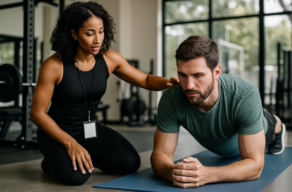 A female trainer coaches a middle-aged man through shoulder mobility work in a bright gym, focusing on chronic pain relief and functional fitness.