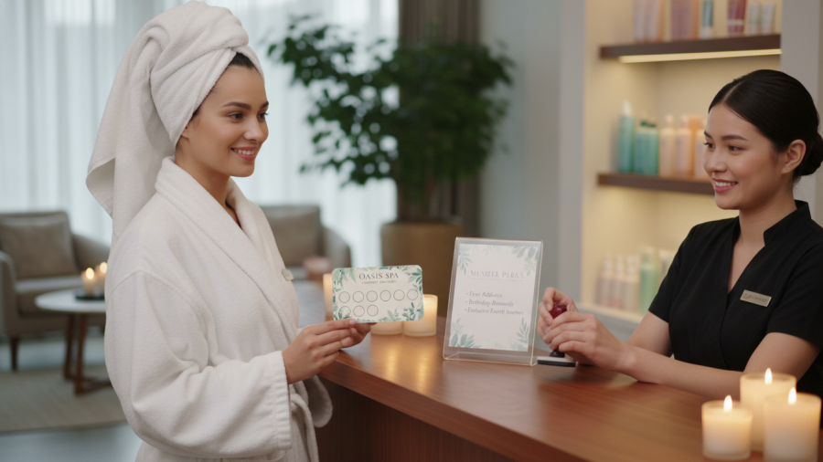 Spa guest reviews loyalty card at reception, showcasing spa customer retention strategies.