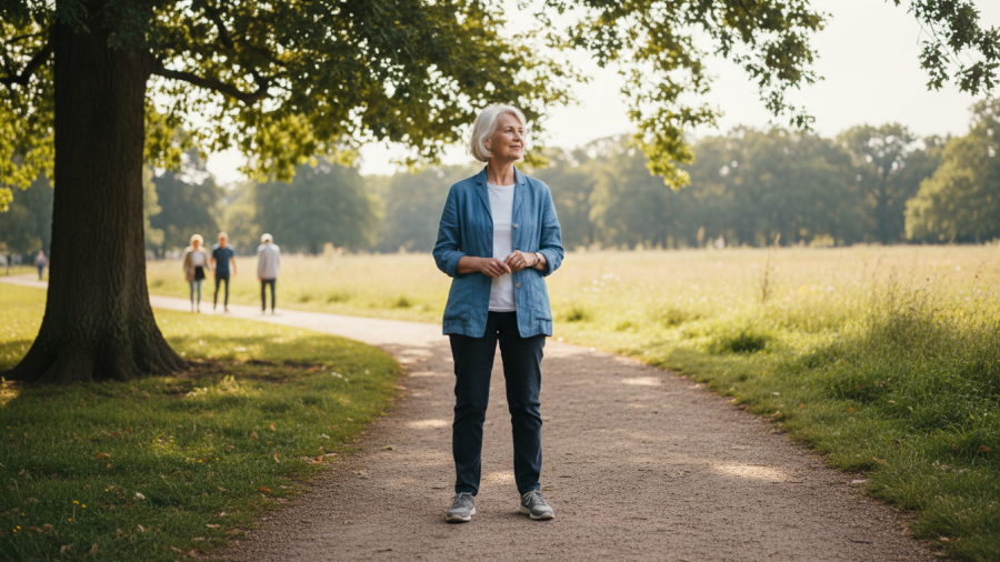 Confident older adult enjoying a scenic trail, embodying independence and calm.