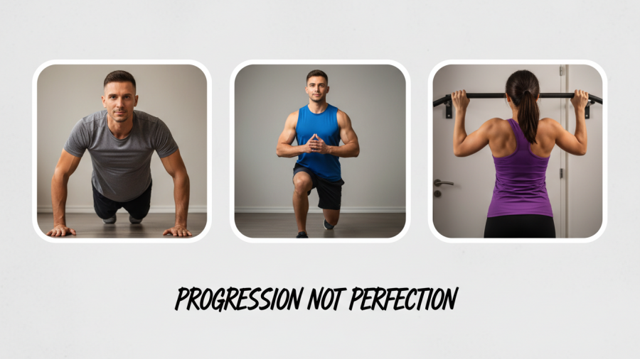 Man performing bodyweight exercises: push-up, forward lunge, and pull-up for home fitness.