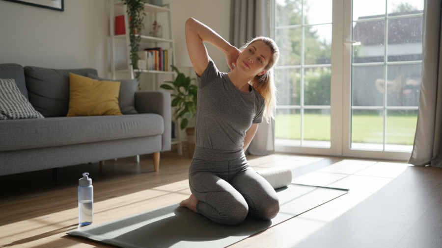 Woman practicing neck pain treatment stretches at home in Sacramento