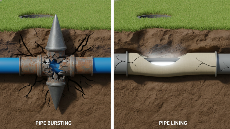 Comparison of pipe bursting vs pipe lining, trenchless sewer line repair methods.