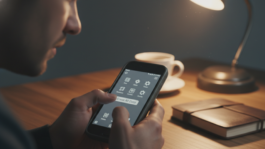 A person focused on securely erasing data from an old iPhone in a calm home setting.