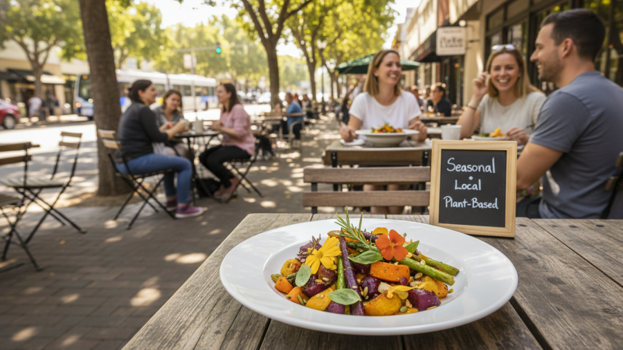 Sunlit Sacramento street showcasing plant-based dining with vibrant vegetable dish.