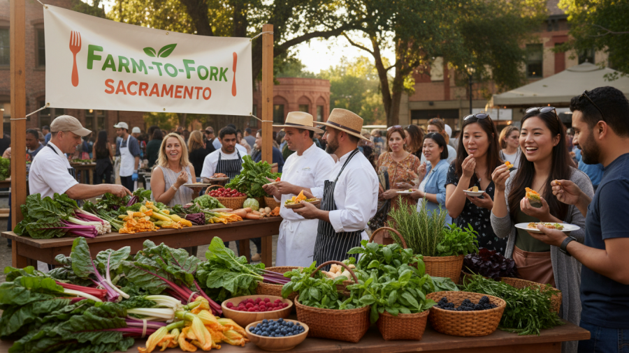 Vibrant Sacramento farmers' market with fresh produce and local chefs selecting ingredients.
