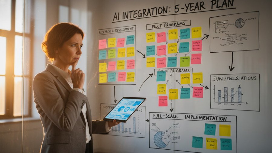 Business owner planning AI integration with colorful roadmaps and digital tools.