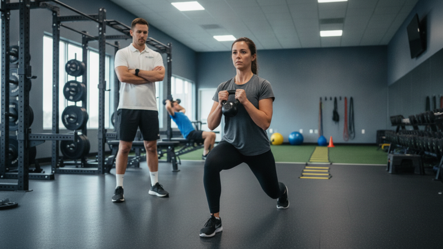 Athlete in performance therapy gym focused on weighted reverse lunge training.