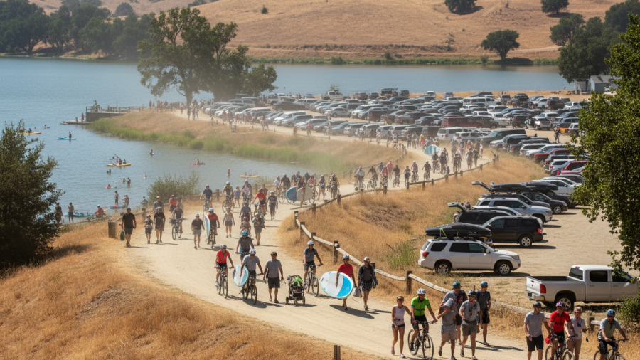 Crowded shoreline trail at Willow Creek Recreational Area, showing summer fun and activity.