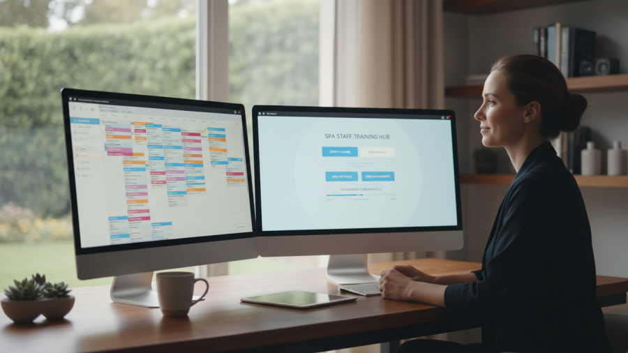 Spa manager analyzes busy schedule and LMS setup, illustrating chaos to structure.