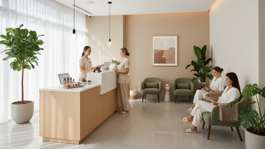 Bright, clean spa reception exuding warmth, order, and professionalism.