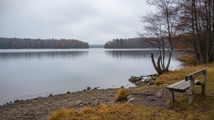 A serene lakeside scene illustrating cold exposure health effects and traditional practices.
