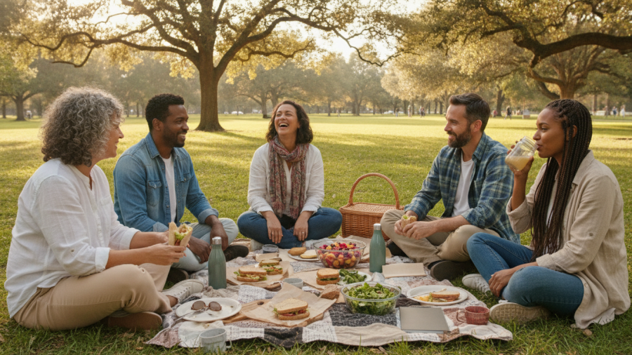 Group enjoying friendship and food in a Sacramento park, embracing wellness fatigue.