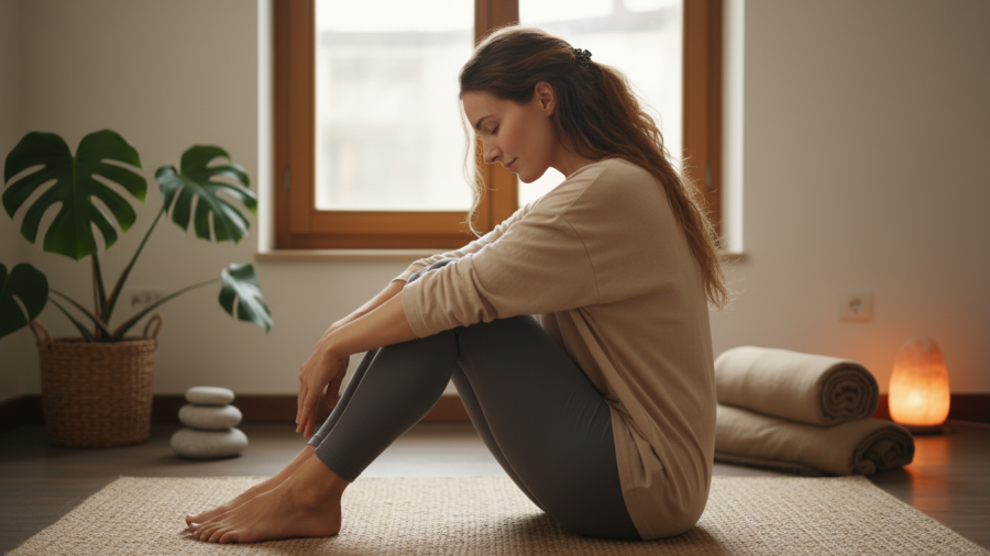 Woman using somatic exercises for nervous system regulation in a calming pose.
