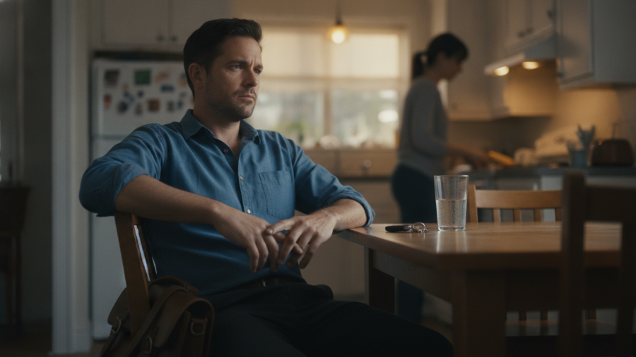 Man reflecting on a past workplace comment, illustrating why criticism hurts more than compliments.