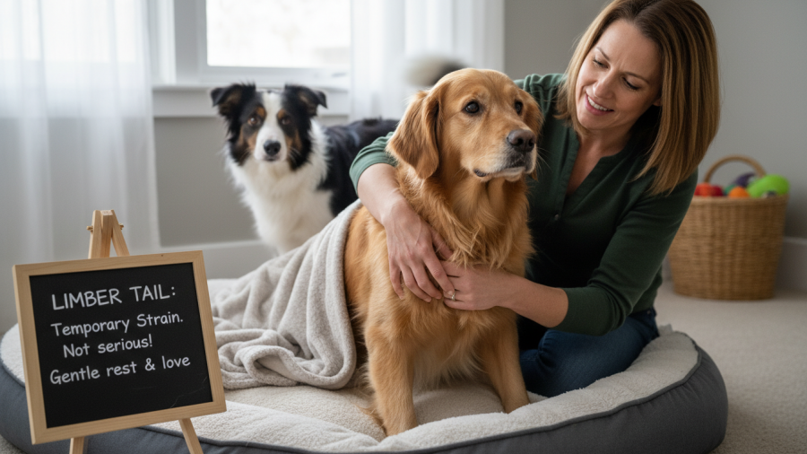 A limp dog tail showing signs of limber tail causes and pet care tips.