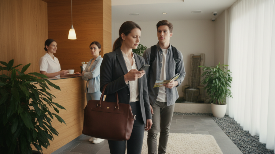 Spa guests entering with a tone of voice in customer experience, addressing stress and uncertainty.