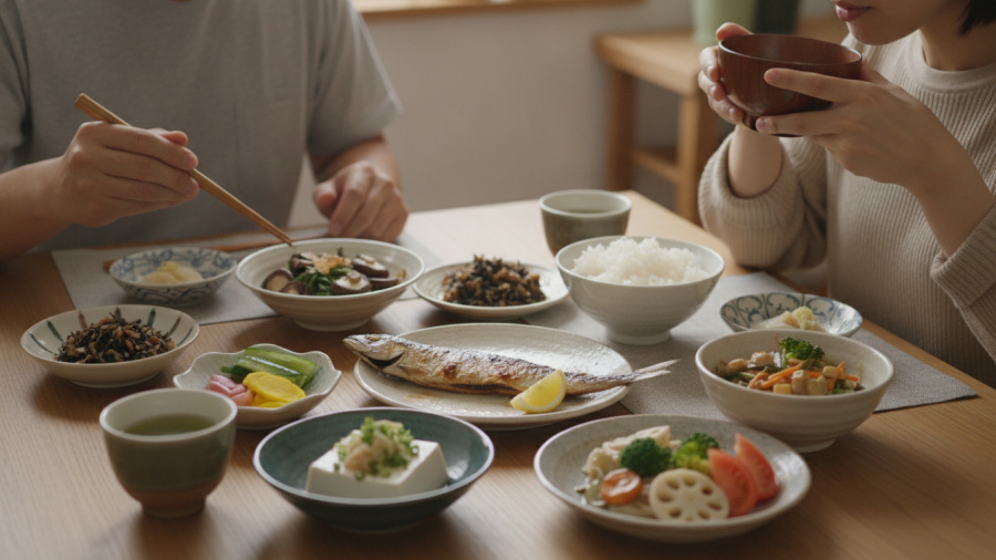 Japanese family meal showcasing Okinawin diet secrets to longevity with diverse dishes.