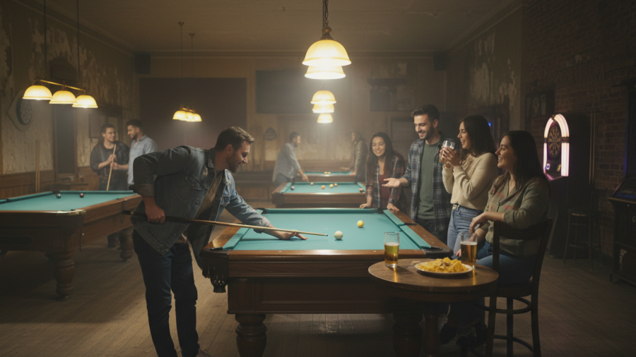 Friends enjoy a casual game at a community-oriented billiards hall.