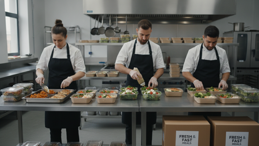 Three chefs preparing fresh meal prep delivery in Sacramento.