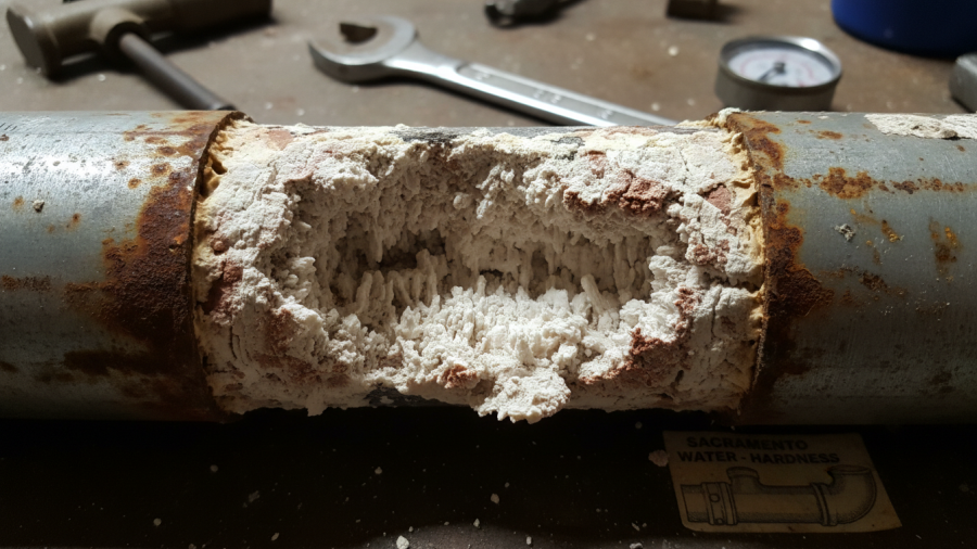 Mineral buildup in pipes due to hard water in Sacramento