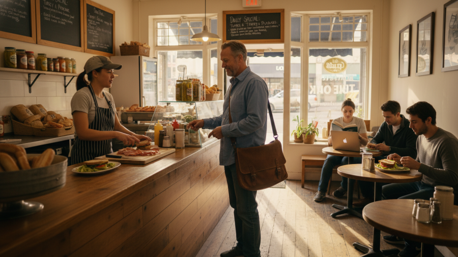 Regular customer enjoys routine visits at a casual deli during lunch hour.