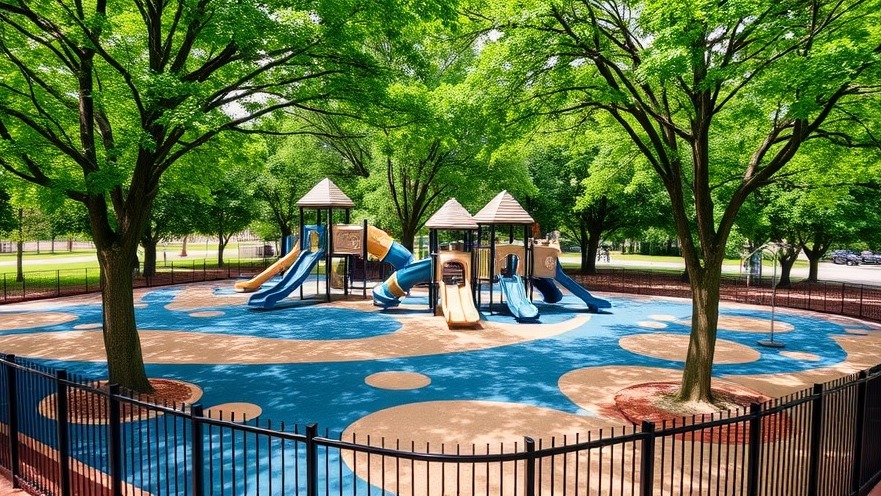 Modern playground area with slides and climbing structures under green trees.