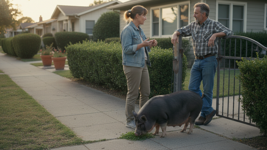 Neighbors bonding over pet ownership, sharing simple moments in their community.