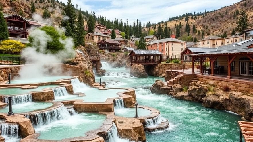 Dramatic riverside view of The Springs Resort with mineral pools and lodges.