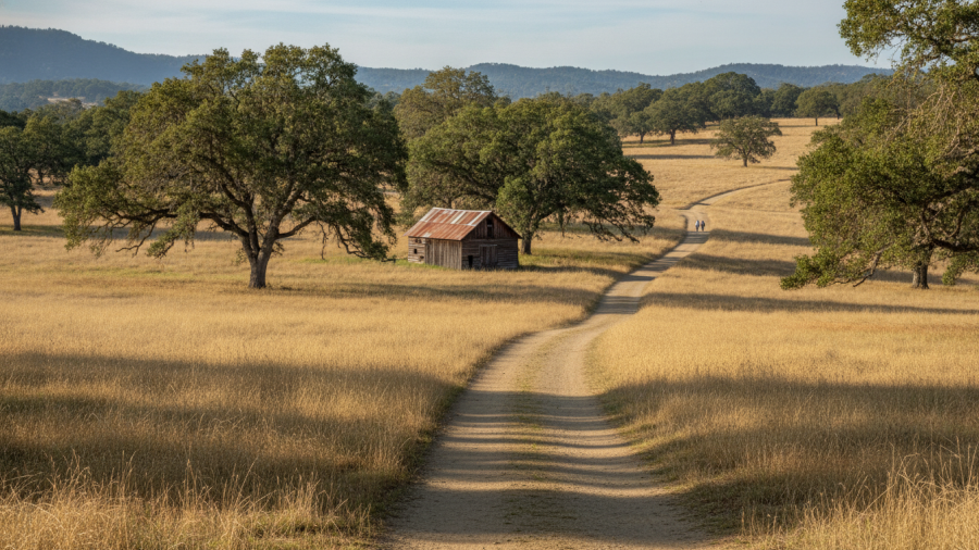 Quiet Cronan Ranch trail in spring, ideal for hiking with scenic oak trees.