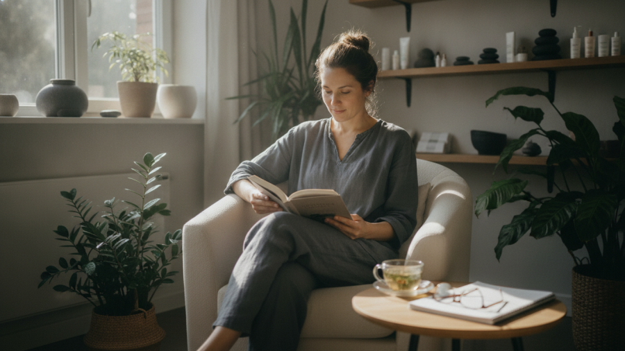 Spa owner in a serene office setting, embodying self-care for personal well-being.