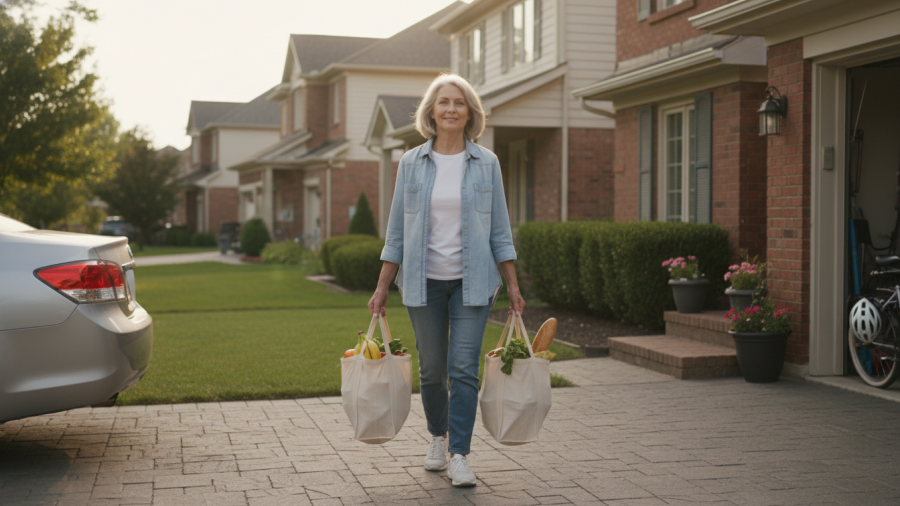 Older adult walking with balanced posture, ease carrying reusable grocery bags.