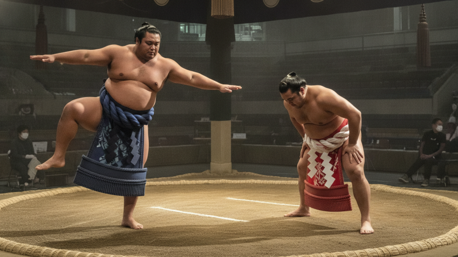 Sumo squat stretch demonstration by two wrestlers, showcasing hip mobility exercises.